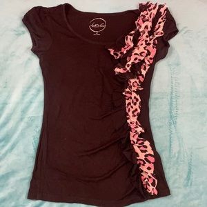 International Concepts Black T-Shirt with pink ruffle detail, Size XS
